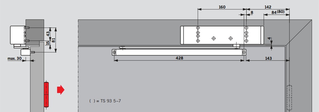 Dorma TS99B, Σούστα επαναφοράς πόρτας με ρυθμιζόμενη δύναμη 2-5 με συρόμενο μπράτσο